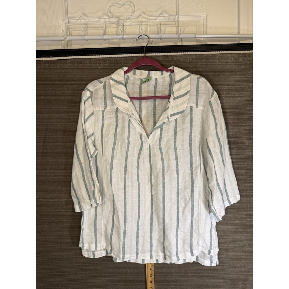 Lintico Blouse Women Large White Green Linen V-Neck 3/4 Sleeve Coastal Casual